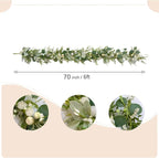70-inch Summer Garland Green Eucalyptus Leaves with White Fruits Thorns Garland Spring Summer Vine for Front Door Fireplace Dining Table Home Decor, Wedding Arch Party Festival Decor