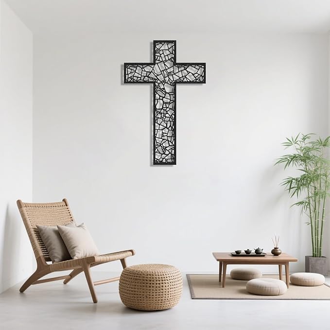 Black Metal Cross Wall Decor Iron Christian Cross for Home Church, Hollow Out Artistic Hanging Ornament, Crosses Wall Decor for Living Room, Bedroom, Decorative Thankful Religious Gift 41.3x27.4 inch