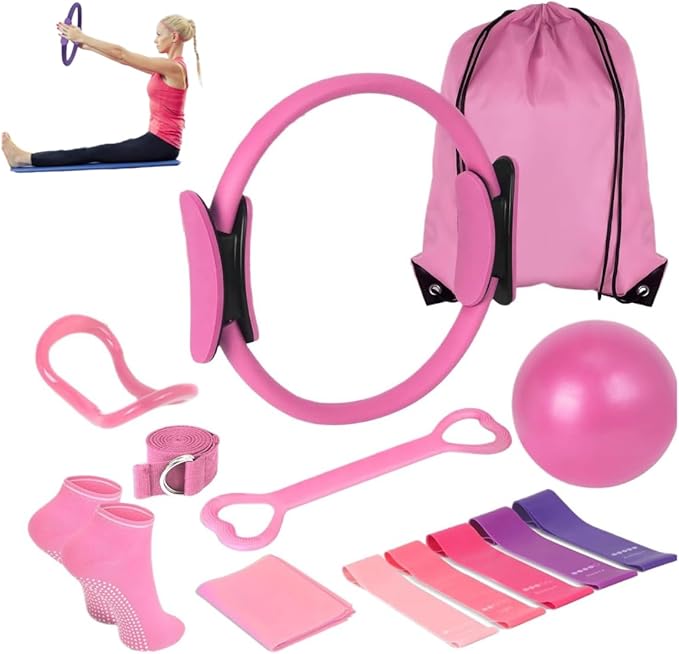 at Home Pilates Kit 13 pcs, Pilates Equipment for Home Workouts, Pilate Accessories Set with 9.8” Ball, 12” Magic Circle Yoga Rings, Resistance Bands, Pilates Essentials Kit for Women Gift
