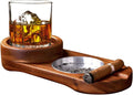 Father Day Gifts Cigar Ashtray Coaster Whiskey Glass Tray and Cigar Holder, Wooden Ash Tray, Slot to Hold Cigar, Cigar Rest Cigar Accessory Set Gift for Men Dad, Great Decor for Home (Classic)