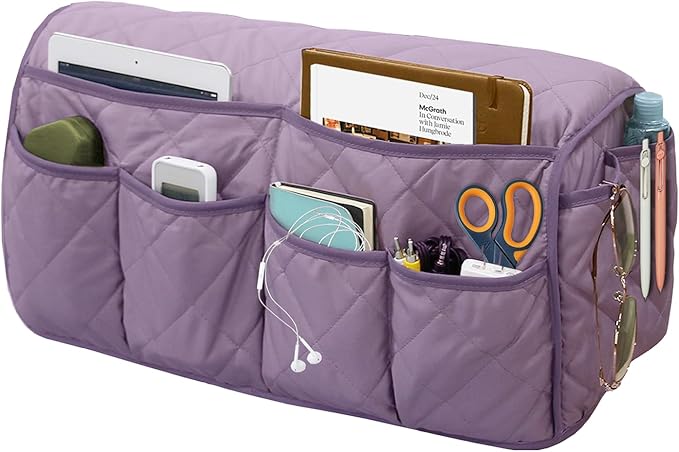 Armchair Caddy, Sofa Armrest Organizer, Non Slip Recliner Organizer, Remote Control Holder for Recliners, Recliner Arm Caddy with 14 Pockets Storage for TV Remote, Phone, Magazine (Purple)