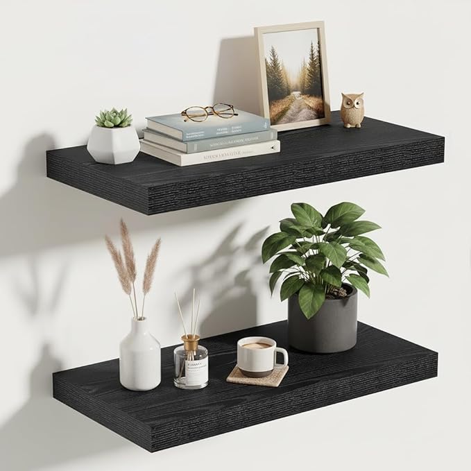 Vivelove 16 Inches Floating Shelves Wall Mounted, 10" Deep Wall Shelves for Bedroom, Bathroom, Living Room, Kitchen, Office, Home Decor, Modern Shelf, Set of 2, Black, 16x10.2x1.5