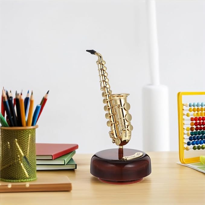 Mini Saxophone Music Box, 7.9in Classic Home Decorative Saxophone, Small Musical Mum Trinket Instrument Ornaments for Home Decoration Housewarming Desktop