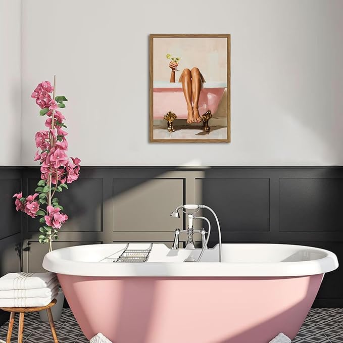 Funny Girl Bathroom Wall Art Pink Cute Girly Bathtub Wall Decor Picture, Trendy Girl Bathroom Martini Cocktail Poster Canvas Print Painting Minimalist Cute Woman Artwork 16x24 inch Wood Framed