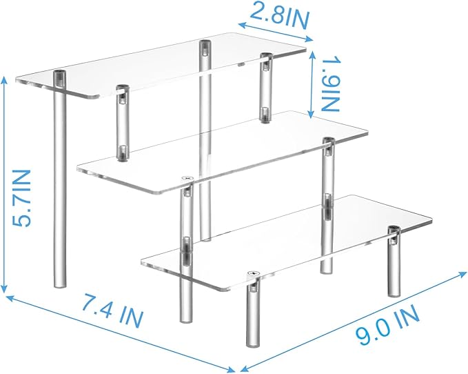HENABLE Acrylic Display Risers, Acrylic Perfume Stand Organizer, Clear Shelf Risers for Display Stands for Food, Tabletop Use, Amiibo Funko POP Figure, 3 Tier Clear Cupcake Stand Risers