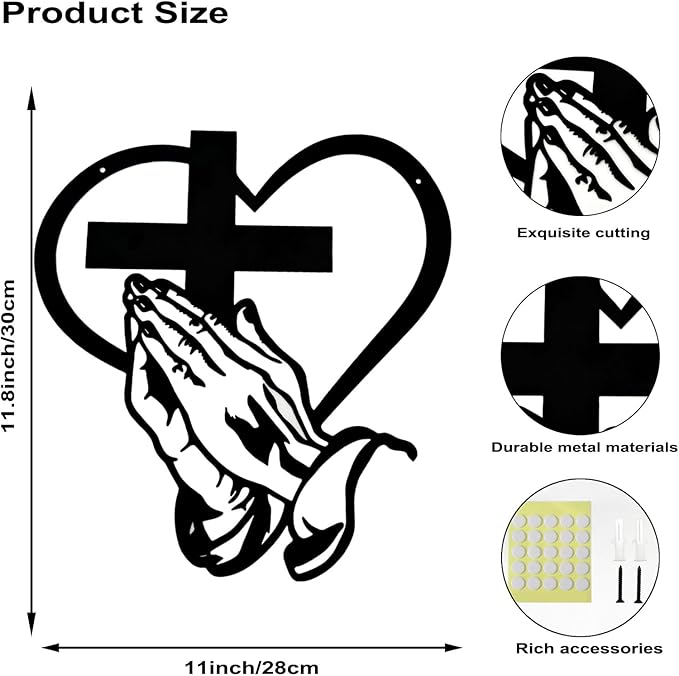 Elegant Metal Christian Heart & Cross Wall Art Decor - 11.8" Praying Hands Design Hanging Decoration for Women Mother’s Day, Bedroom Church Prayer Room Blessed Religious Gift