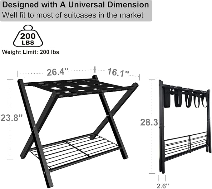 Folding Luggage Rack for Guest Room, Metal Foldable Suitcase Stand Holder with Metal Shelf for Bedroom, Black, 1 pack