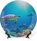 sea Turtle Theme Decorative Ceramic Plate Round Porcelain Plate,8 inch,Ocean Floor Pattern,for Decorative Ornaments Giving Plates,1 Plate with 1 Display Stand,Blue Green