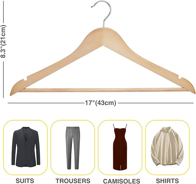 Wooden Hangers 30 Pack Clothes Hanger for Daily Used,Coat Hangers for Closet,Heavy Duty Wood Hanger for Suit, Shirts, Jackets, Dress, Pant （Light Natural）