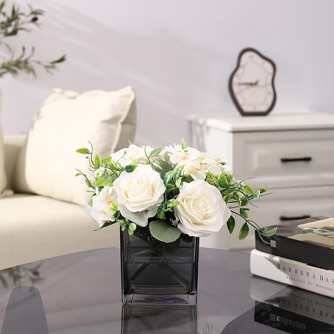 Square Glass Vases Set of 6, 4" x 4" x 4" Square Flower Vases for Centerpieces, Grey Vase for Flowers, Small Vase for Wedding, Party, Home Office Decoration