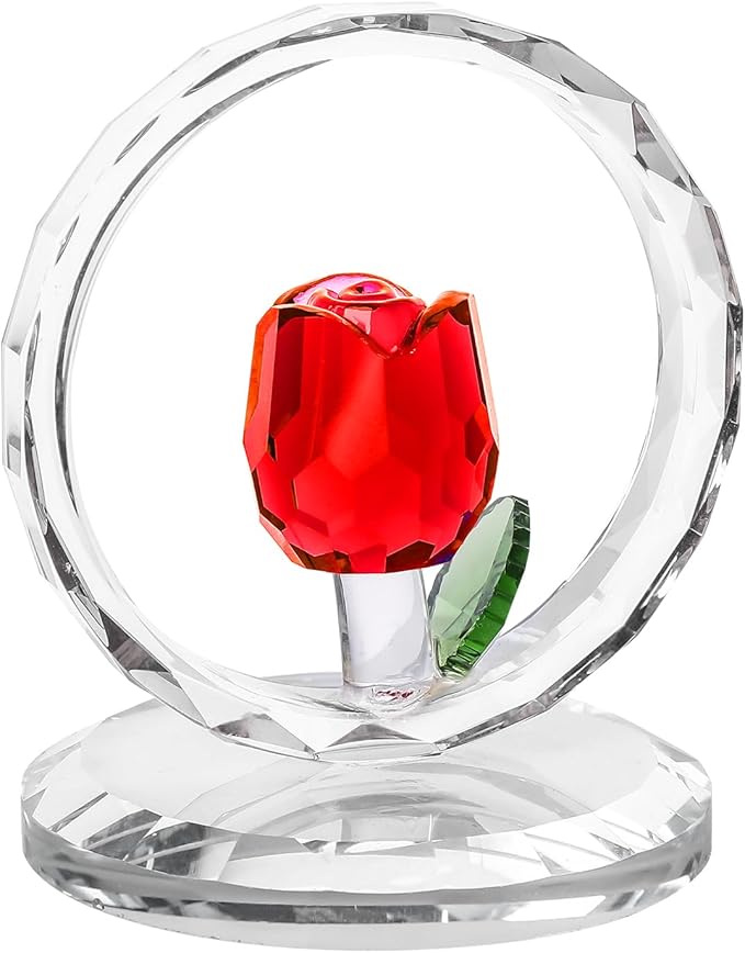 LONGWIN Crystal Red Rose Flower Figurine Collectible Glass Spring Bouquet Decorative Ornaments for Home Office,Romantic Valentine’s Day, Anniversary & Wedding Gifts for Women
