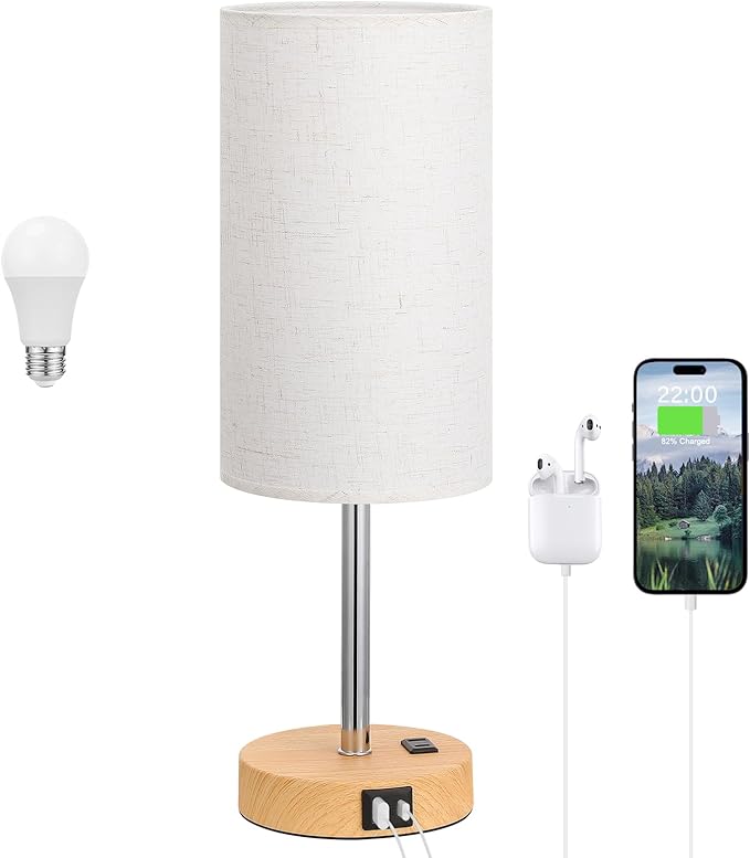 Dicoool Touch Bedside Table Lamp with USB - 3 Way Dimmable Wood Lamp for Bedroom Nightstand, Desk Lamp with Charging Station for Dorm, Office, Kids Room, Living Room