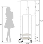 Chrislley Small Clothing Rack With Wheels, 71" Portable Rolling Garment Rack With 2 Shelves and 6 Hooks, 3-Section Different Heights Heavy Duty Metal Clothes Rack For Coats, Shirts, Bags, Shoes, White