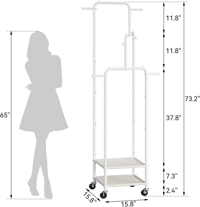 Chrislley Small Clothing Rack With Wheels, 71" Portable Rolling Garment Rack With 2 Shelves and 6 Hooks, 3-Section Different Heights Heavy Duty Metal Clothes Rack For Coats, Shirts, Bags, Shoes, White