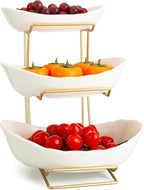 jessie 3 Tier Ceramic Fruit Bowls for Kitchen Counter with Metal Rack, Fruit Basket with Stand, Porcelain Bowls for Fruit Vegetable Bread Candy Snack Nuts Dessert Cake Tray (White 3 Layer)