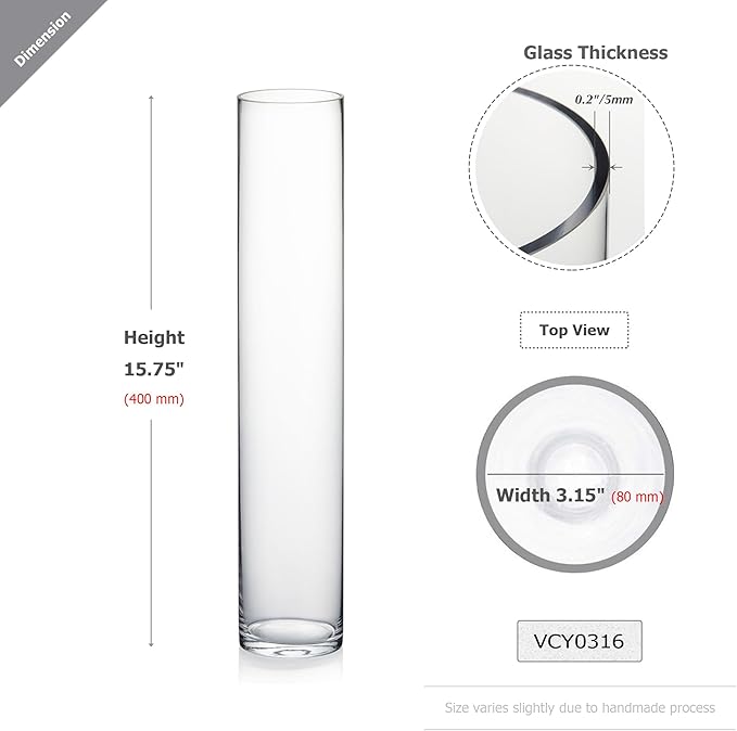 WGVI Quality Thick Weighted Clear Cylinder Glass Vases, 3" W x 16" H, Skinny Bud Tall Vase Floral Bouquet Flower Arrangements Wedding Centerpieces Container Candle Holders Home Decor, 1 Piece