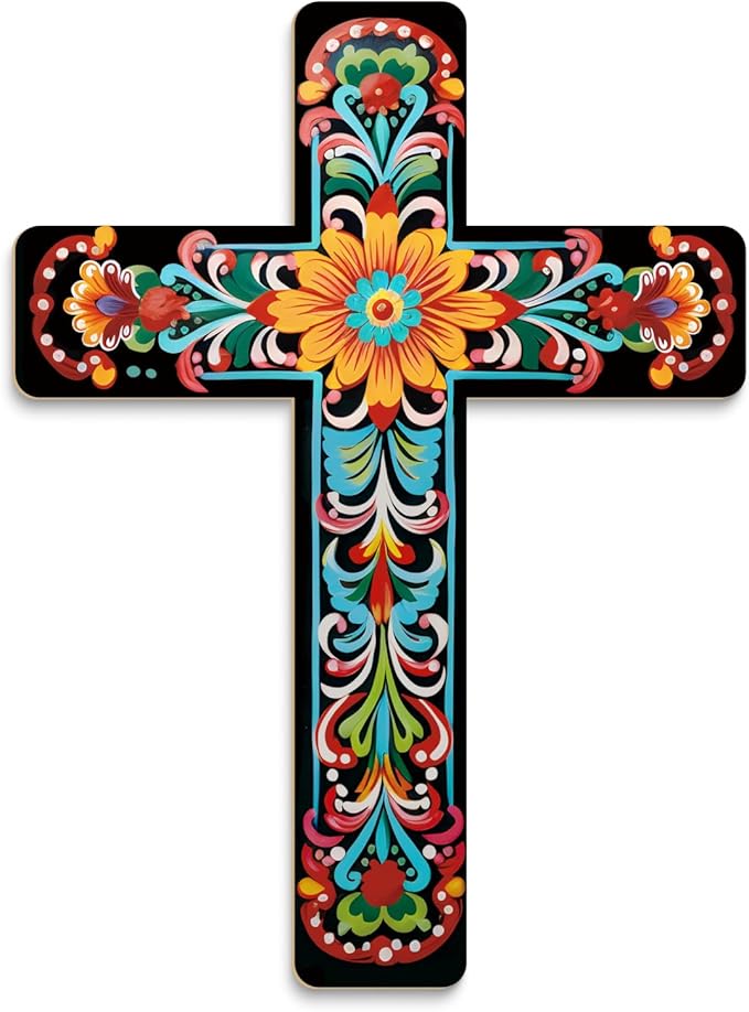 Putuo Decor Floral Cross Wall Decor Hand Painted Decorative Wooden Inspirational Cross Spanish Style Wall Cross Decor Mexican Art Wall Decor Crucifix for Home Room Church Decoration