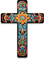 Putuo Decor Floral Cross Wall Decor Hand Painted Decorative Wooden Inspirational Cross Spanish Style Wall Cross Decor Mexican Art Wall Decor Crucifix for Home Room Church Decoration