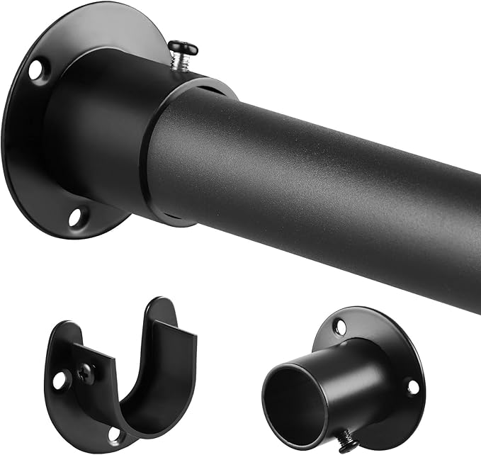Heavy Duty Closet Rods for Hanging Clothes, Metal Black 1.3 Inch Diameter Closet Rods 17-63 Inch Adjustable Clothes Hanging Bar Shower Curtain Rods for Closet, Wardrobes, Bathrooms, Windows