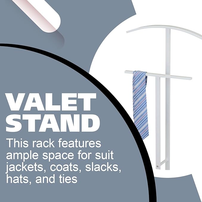 Kings Brand Furniture Dossi Modern Metal Suit Valet Stand, Clothes Rack Organizer with Jacket, Pants & Tie Holder, Space-Saving Garment Rack for Bedroom or Closet (White)