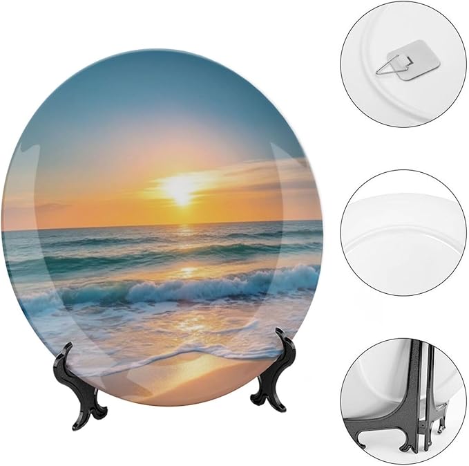 Sunrise Theme Decorative Ceramic Plate Round Porcelain Plate,6 inch,Beach Pattern,for Decorative Ornaments Giving Plates,1 Plate with 1 Display Stand,Gold Blue