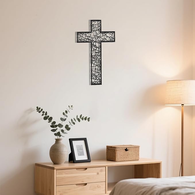Black Metal Cross Wall Decor Iron Christian Cross for Home Church, Hollow Out Artistic Hanging Ornament, Crosses Wall Decor for Living Room, Bedroom, Decorative Thankful Religious Gift 11.8x7.9 inch