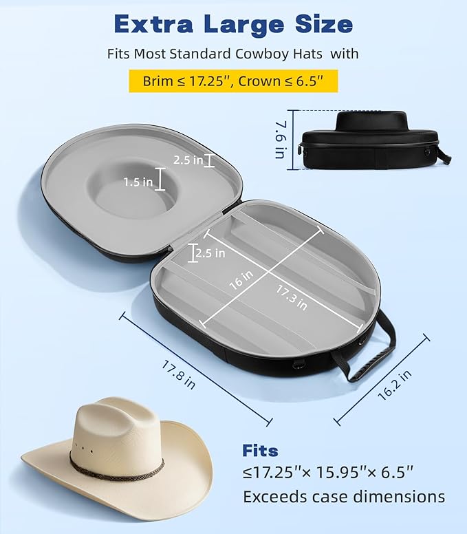 Hat Can for Cowboy Travel Extra Large, Waterproof Hard Case Box Storage for Fedora Panama Tweed Cap Holder Organizer Carrier with Adjustable Carry Strap, Men's Western Gifts, Large Grey Interior