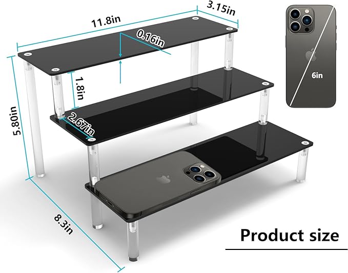 AZEAM Acrylic Riser, Black Display Risers Stand Large Collection Organizer Shelf for Cupcake Food Desserts Holder Cosmetic Products Tabletop Use and More (12 X 8 X 6 Inch) (2 Packs Black)