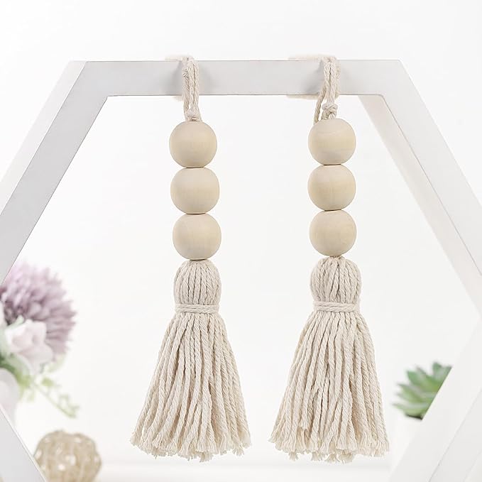 Wood Bead Garlands,Farmhouse Beads Tasels,Rustic Country Decor Prayer Beads for Home Door Knob Decor