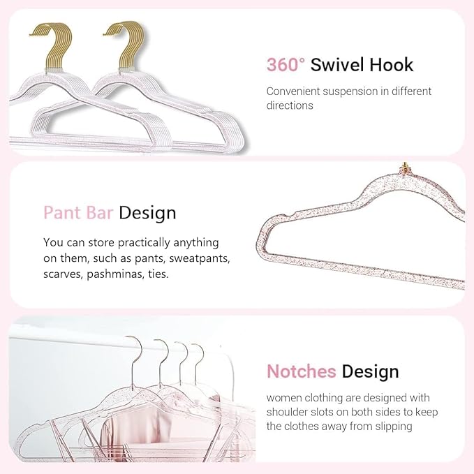 Pink Clothes Hangers 16", 20 Pack Plastic Clear Coat Hanger for Adult Closet, Durable Bling Ganchos de Ropa with Swivel Hook, Notched Shoulders & Ultra-Thin Space Saving Laundry Hanger for Dress Suits