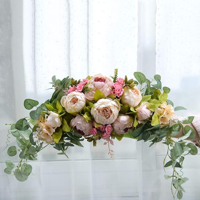 Ansuma Artificial Peony Flower Swag, 30 Inch Decorative Front Door Lintel Swag with Peonies and Eucalyptus Leaves for Wedding Arch Front Door Wall Window Home Garden Party Decor (Champagne & Pink)