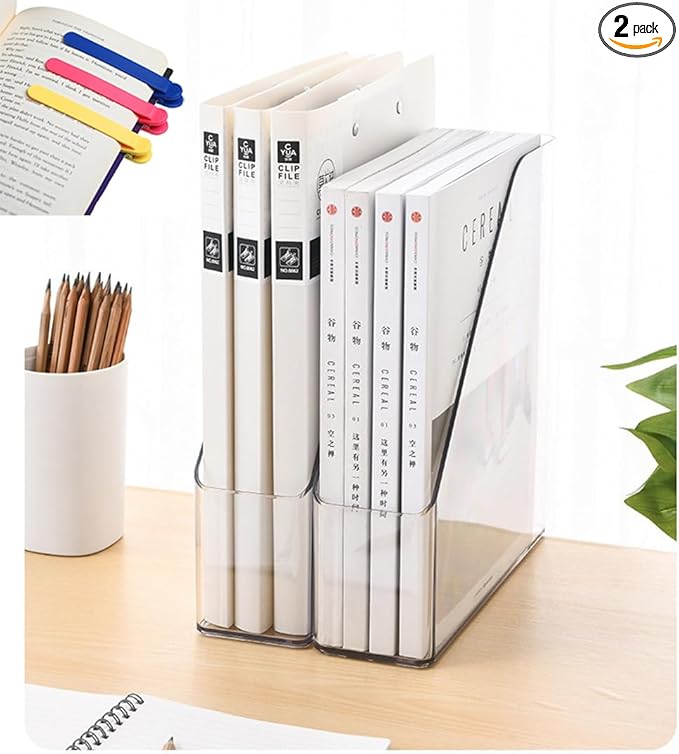 Acrylic Magazine Holder, 2PCS File Magazine & Book Storage Rack for Office Desk, Clear Book Organizer with 3pcs Silicone Automatic Bookmarks (2)