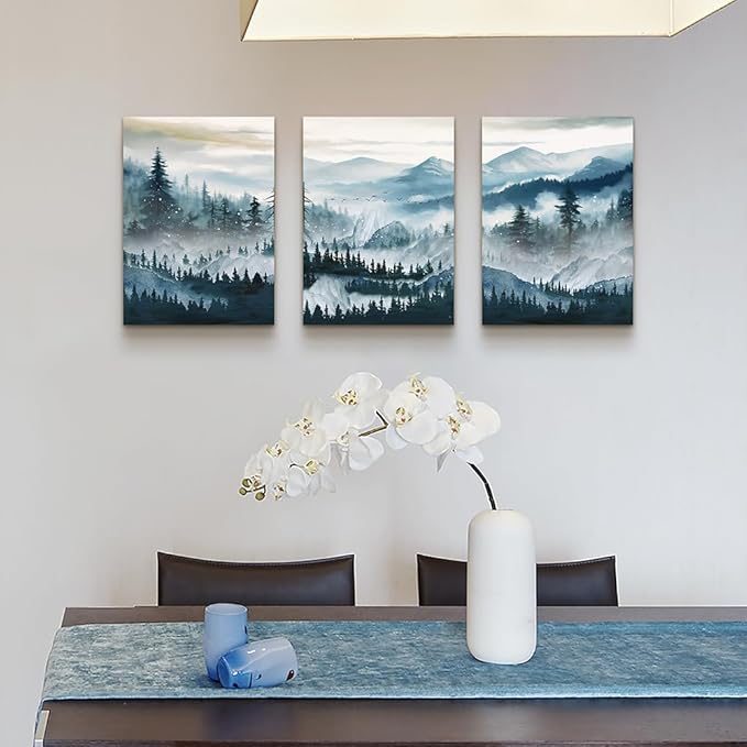 MHARTK66 Wall Art for Bedroom,Mountain Landscape Wall Decor,Large Foggy Forest Artwork for Walls, 3 Piece Nature Paintings Prints for Living Room Hallway Office Kitchen Home Decorations, 12x16 Inch