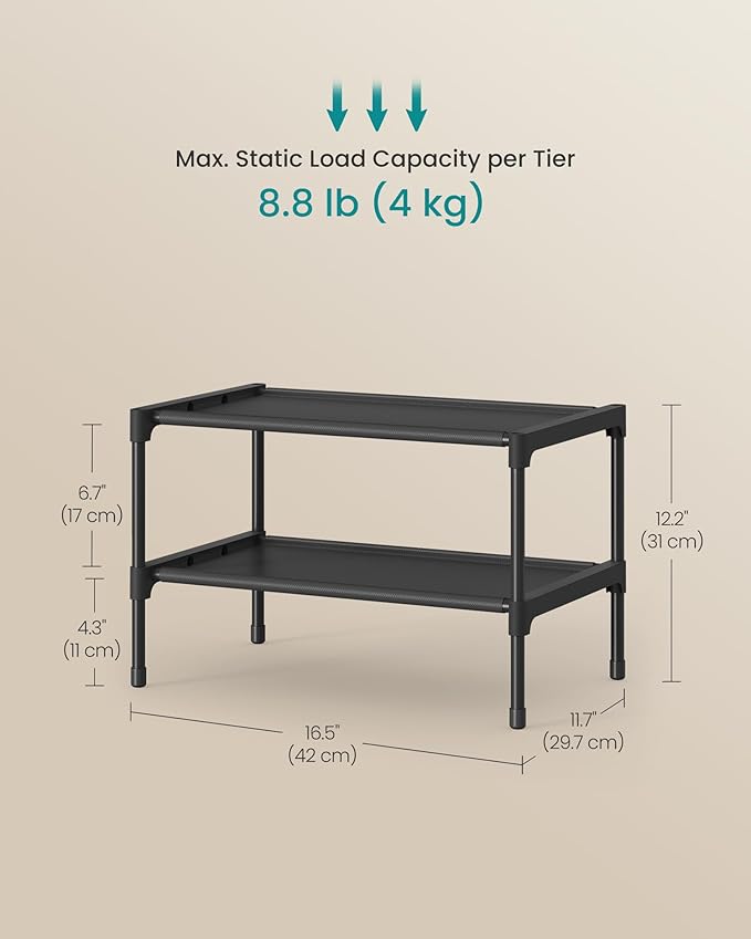 SONGMICS Shoe Rack, 2-Tier Shoe Storage Organizer, Space-Saving, 11.7 x 16.5 x 12.2 Inches, Entryway, Metal Frame, Non-Woven Fabric Shelves, Ink Black ULSH012BH01