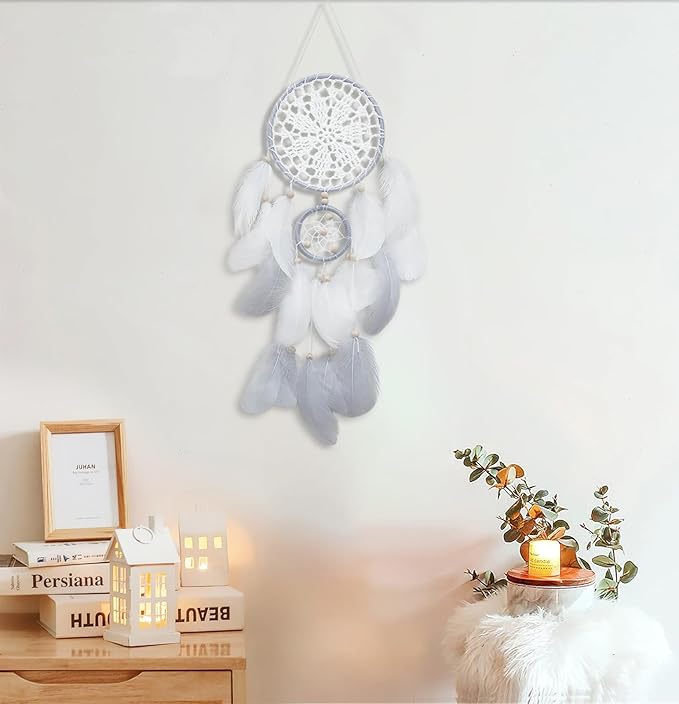 Dream Catchers Boho Wall Decor Moon and Sun Feather Handmade Traditional Dream Catcher Wall Hanging Decor for Kids Bedroom Adult Living Room Home Bohemian Decorations (Grey Set)