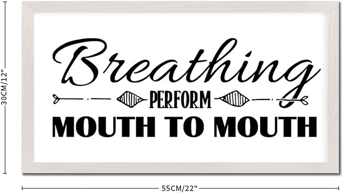 Country Style 12x22in Wooden Wall Plaque with Inspirational Quotes Breathing Perform Mouth to Mouth Family Lettering White Frame Wooden Plaque for Bathroom Farmhouse Porch Cottage Wall Decor