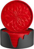 ME.FAN Silicone Coasters with Holder,[6 Pack] Drinking Coasters - Cup Mat for Hot or Cold Drinks, Thickened, Non-Slip, Non-stick,Deep Tray Red
