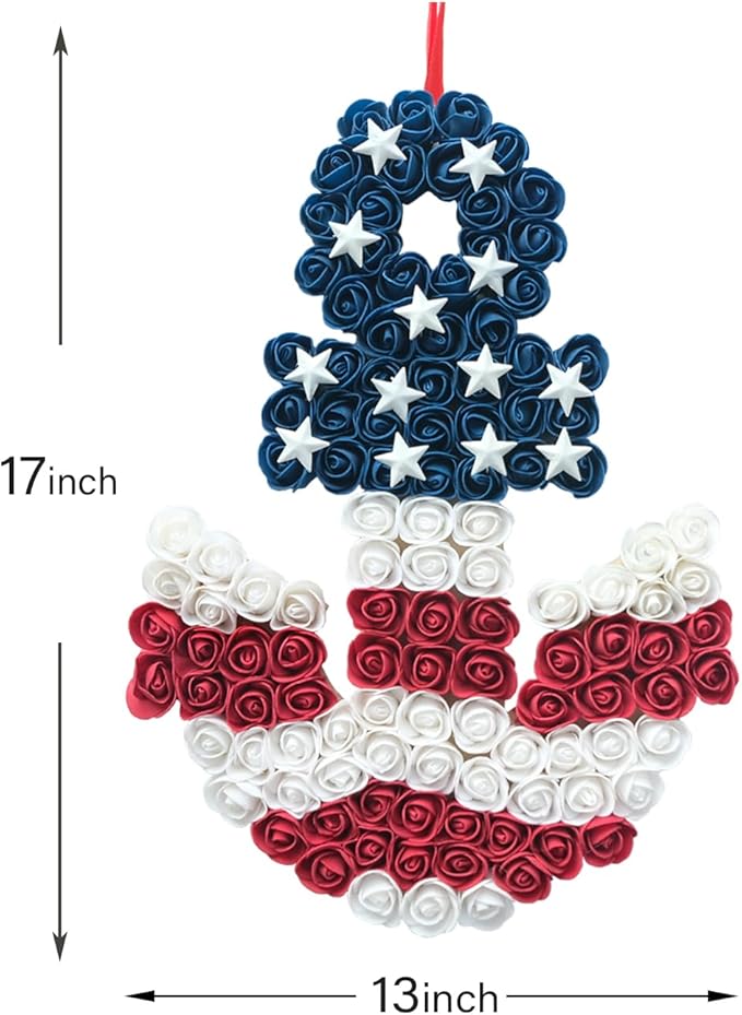 17 Inch Patriotic Red White Blue Anchor Soft Touch Roses Wreath for Front Door, Forth of July American Flag Color Soft Touch Floral Wreath for Indoor and Outdoor, Independence Home Decor