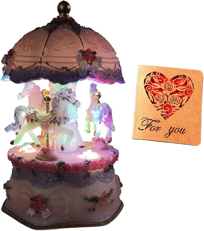Briskfeel Classical Carousel Horse Music Box, Plays You are my Sunshine, LED lights Twinkling Resin Carved Collectible Mechanical Musical Box with 18-Note (3# Pink Carousel)
