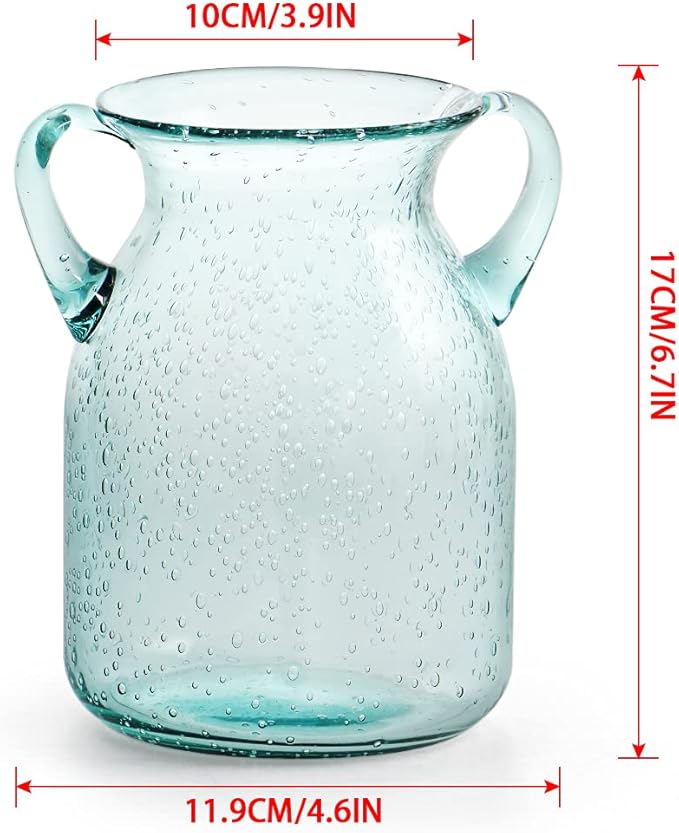 MDLUU Seeded Glass Vase, 4.6" W x 6.7" H, Clear, Double Ear Design, Coastal Modern Style, Perfect for Dining Room, Bedroom, Bathroom