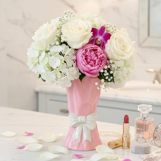 Pink Bow Vase, Hot Pink Flower Vase for Home Decor, Ceramic Vases for Boho Style, Small Cute Vases for Ideal Shelf Decor/Table/Living Room. (Pink 6, Large)