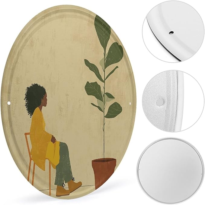 Wall Picture, with Potted Plant and Woman Printed Circular Iron Hanging Picture,Wall Art Decor,Home for Bedroom Living Room Bathroom Decor,Iron Painting 11.8X11.8 in