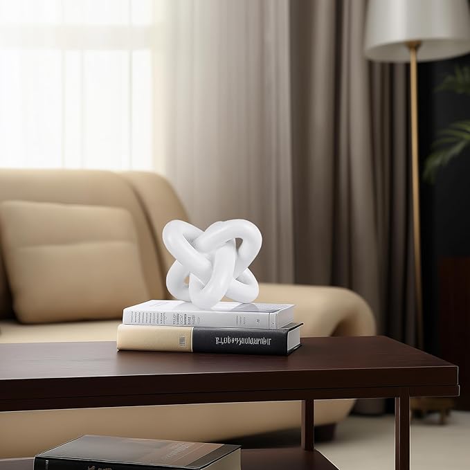 White knot sculpture, three-knot sculpture white home decor accent, suitable for rustic-style coffee table stands, living room TV cabinets, dining tables, entryway shelves, and small decorations.