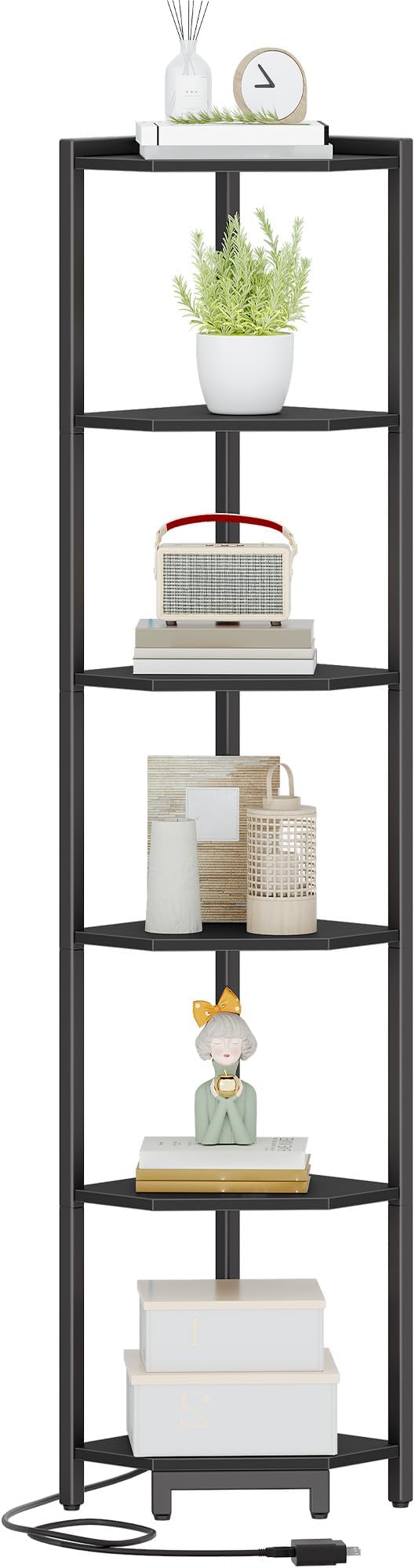Hzuaneri Corner Shelf with LED Light, 6-Tier Corner Bookshelf, Tall Narrow Display Bookcase with Metal Frame, Standing Shelf for Small Space, Living Room, Home Office, Bedroom, Black CS66606B