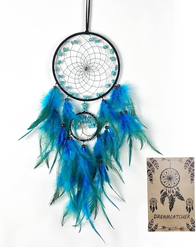 Dream Catcher, Handmade Dreamcatcher with Healing Crystal Stone, Tree of Life Dream Catchers Hanging Ornament for Home Bedroom Birthday Party, Perfect Craft Gift for Kids (Green)