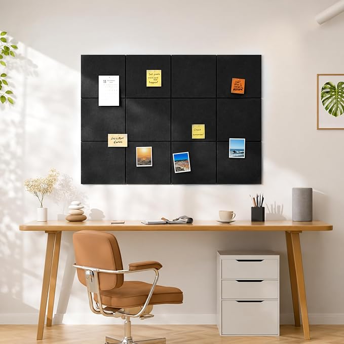 Large Cork Boards for Walls 48" x 36",12 Pack Bulletin Boards Alternative Cork Board for Office,Black Felt Wall Tiles, Contains Removable Security Stickers and PushPins