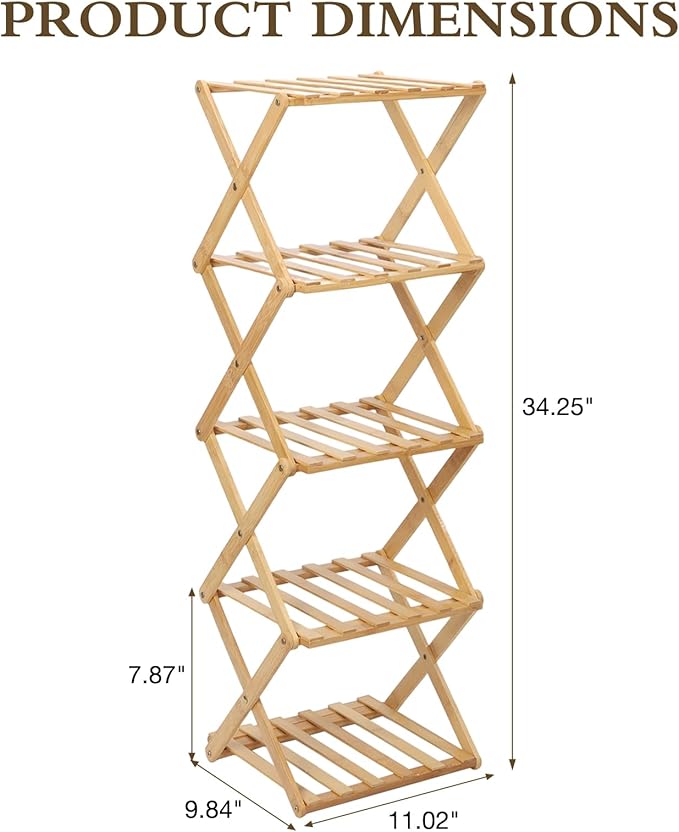 Bamboo Shoe Rack 5 Tier Foldable Shoe Rack Vertical Bamboo Shoe Organizer Free Standing Shelf for Entryway, Closet, Bedroom, Wood Color