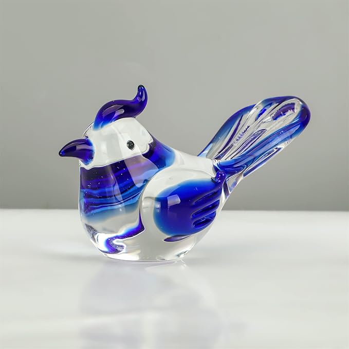 HDCRYSTALGIFTS 3.5inch Mini Blown Glass Bird Figurines Collectibles Handmade Glass Miniature Blue Jay Statue Ornament Home Table Decor Crystal Animal Paperweight Gift for Mom Women