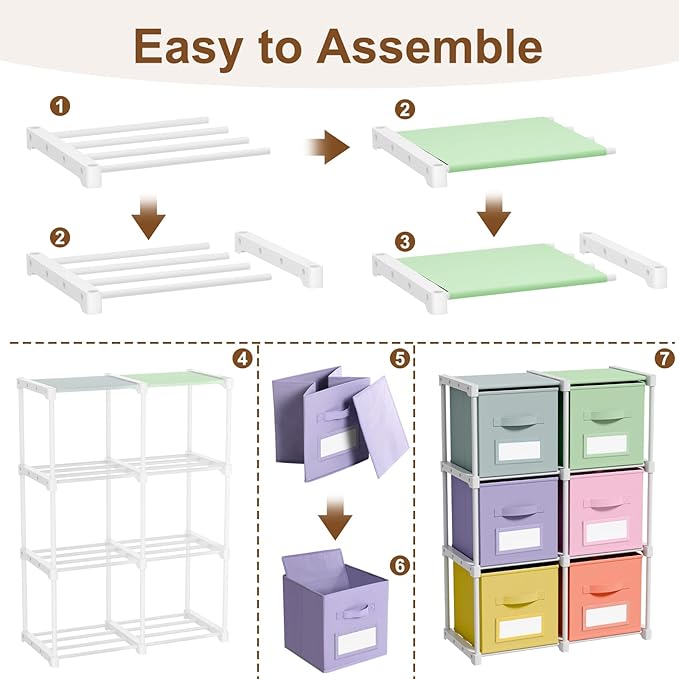 Geelin 6 Cube Toy Storage Organizer with Fabric Bins and Labels, 11 Inch Collapsible Colorful Cubby Storage Drawers Pastel Dresser with Shelf for Playroom Nursery Closet Bedroom Dorm