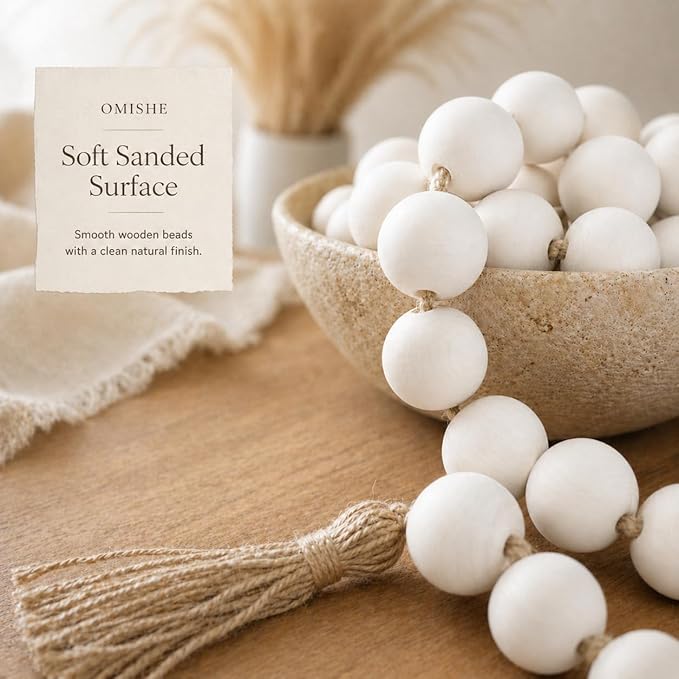 OMISHE 60" Long Extra Large Wood Bead Garland with 1.6" Diameter Wooden Beads and Tassels, Rustic Farmhouse Country Decorative Beads for Home Tiered Tray Decor, White
